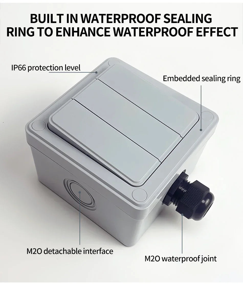 IP66 Rated Outdoor Wall Switch - 16A Weatherproof Push Button, 1/2/3 Gang for Home, Garden & Exterior Electrical Applications