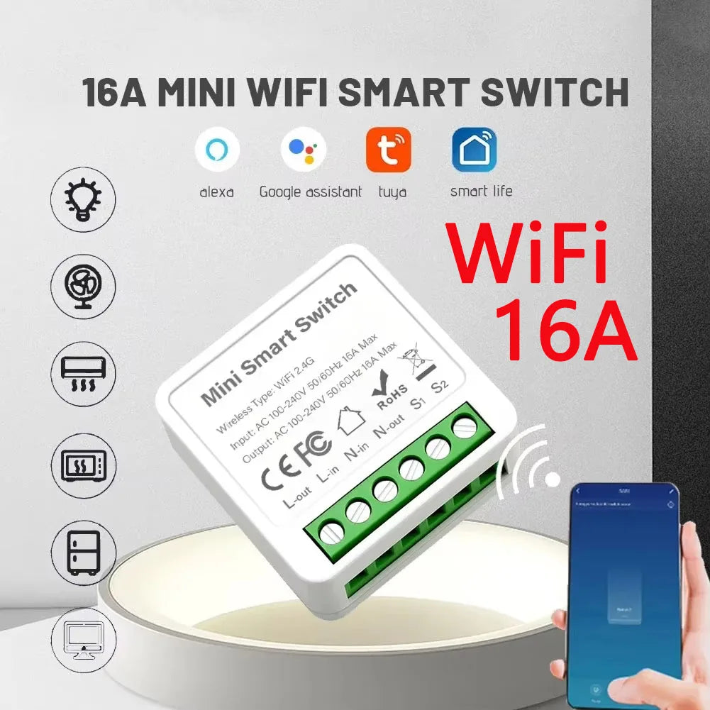 For Tuya Mini Smart WiFi Switch 16A Zigbee DIY Light Smart Switch Relay Breaker Automation Module 2-way Control Home Assistant
