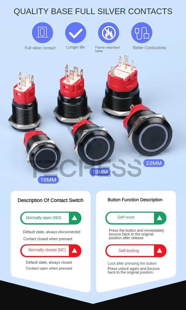 16/19/22mm Latching Push Button Switch 12/24/220V On Off BLack with LED  for with Wire Socket Plug Self-Locking/Self-reset power