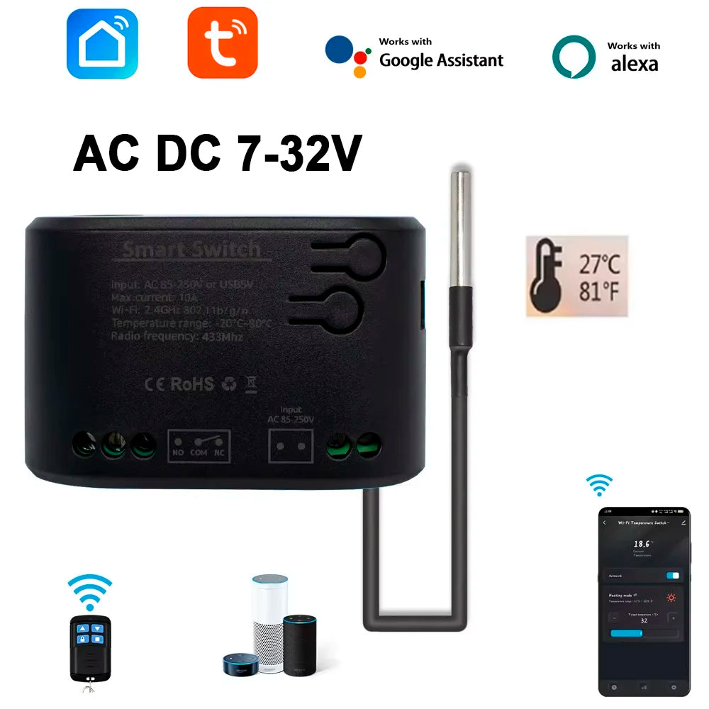 Wifi Temperature Sensor Tuya Smart Wifi Rf433 Intelligent Thermostat Switch 10A Data Monitoring Alexa Google Home Compatible