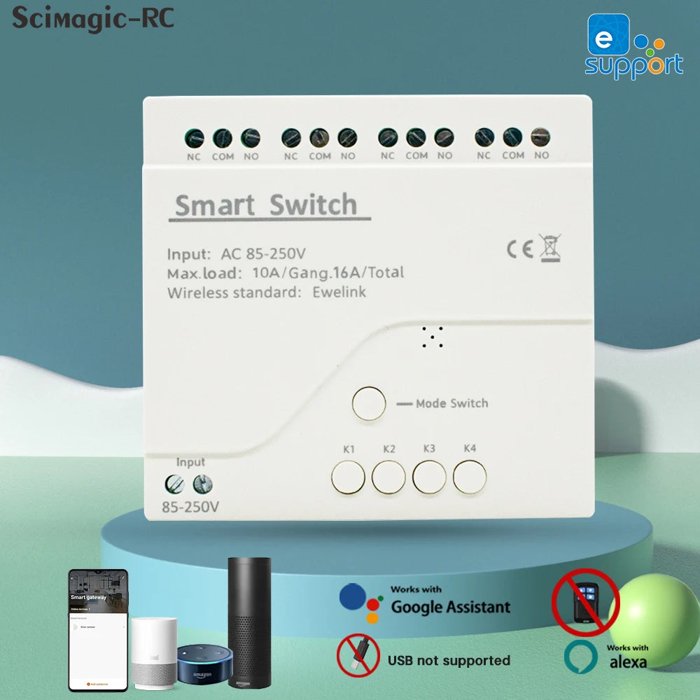 EWelink WiFi Smart 4CH Switch 220V 10A Relay Module APP Remote Control 12V 24V 85-250V Receiver Google Home Alexa