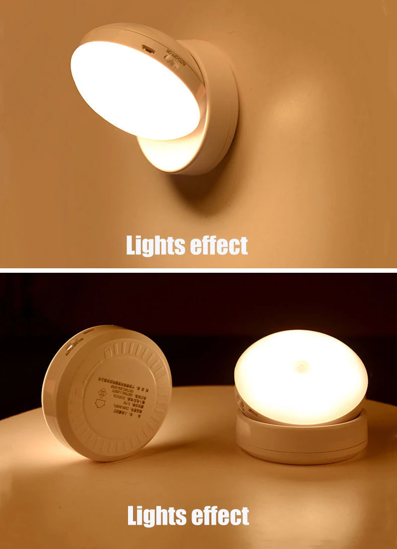 360° PIR Motion Sensing Light Round Energy Saving Bedroom USB Rechargeable Night Lamp Closet Bedside Stairs Induction Smart Lamp