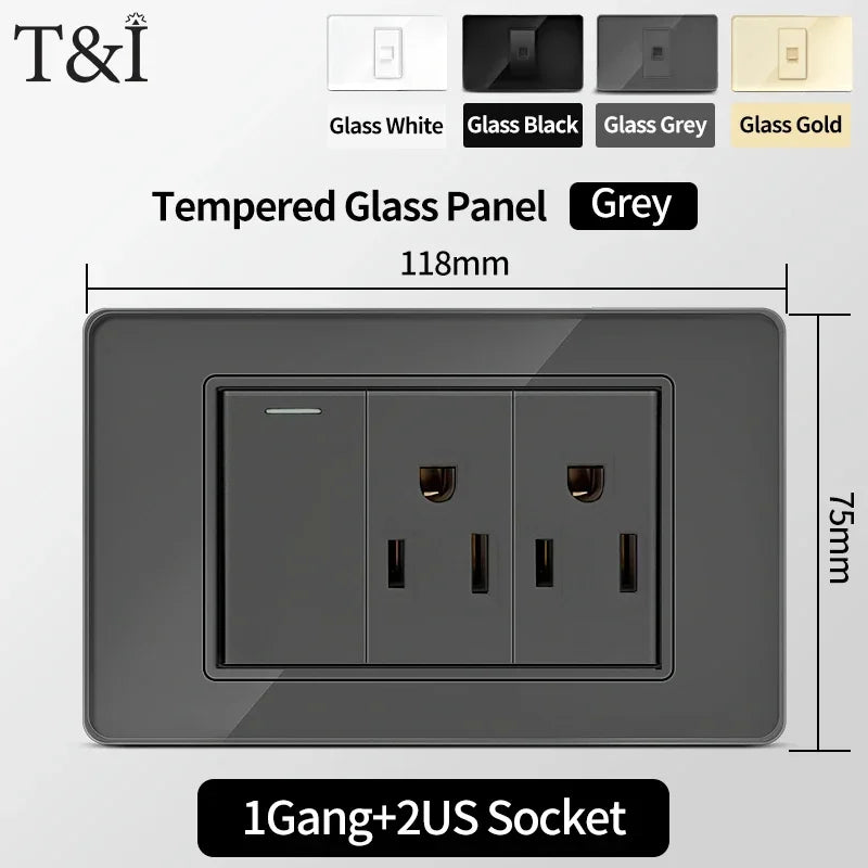 US MexicoSeries Tempered Glass Panel Plate Power Wall Socket USB Type-C Outlet Light Switch 2Way Control Home Office 110V