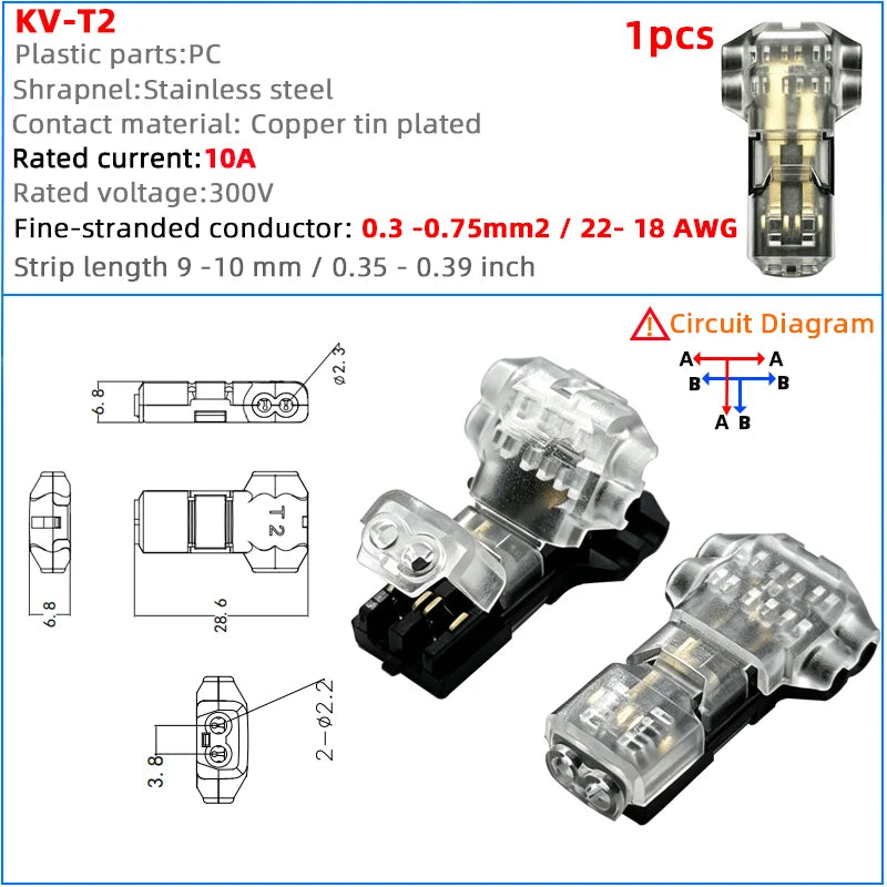 Quick Wire Connection T-Type No Wire Cutting LED Solder-Free Wire Connector Piercing Style Parallel Line Distributor