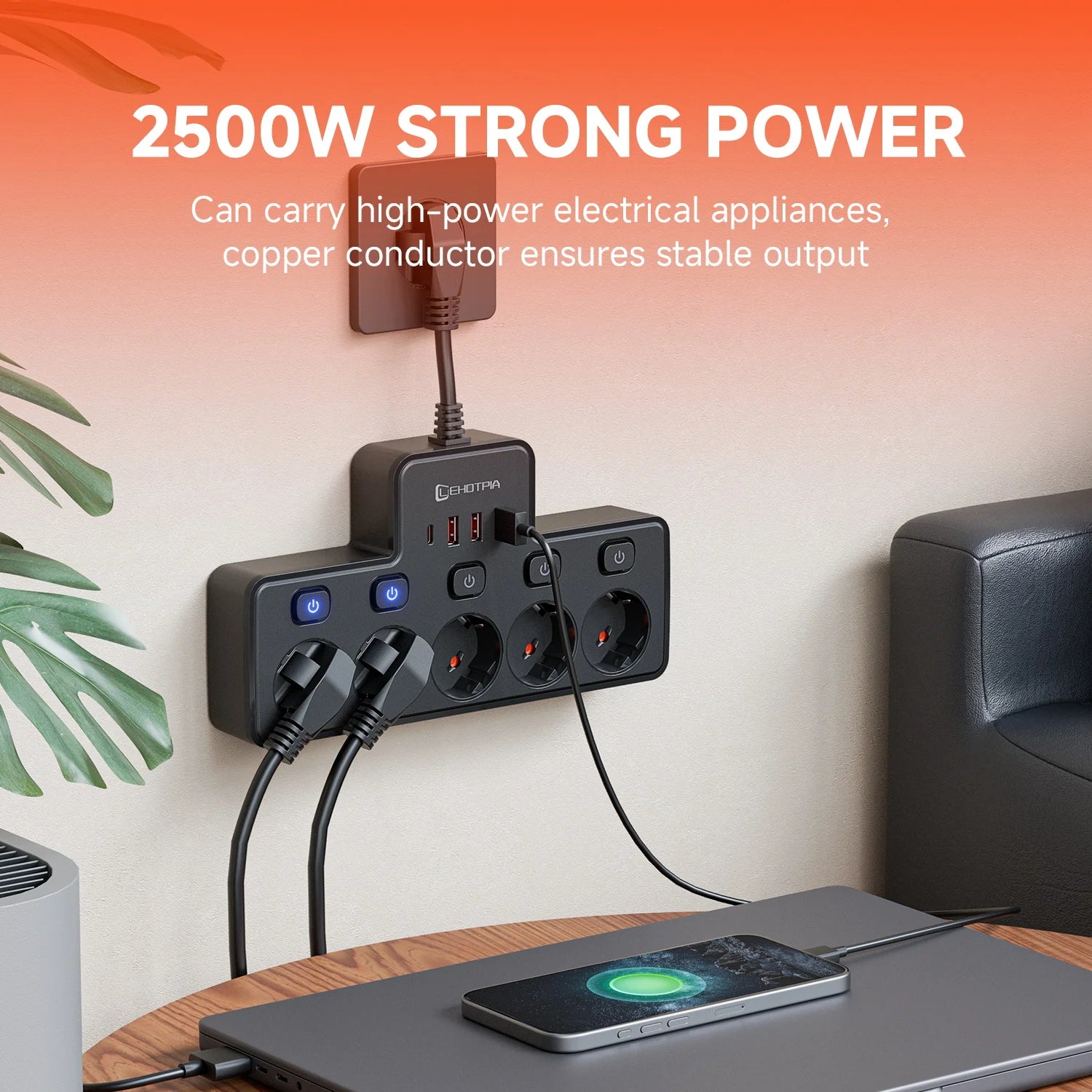 2500W EU AC Plug Power Strip Independent Switch Wall Mounted European Standard Plug Socket Network Filter With USB C Charging