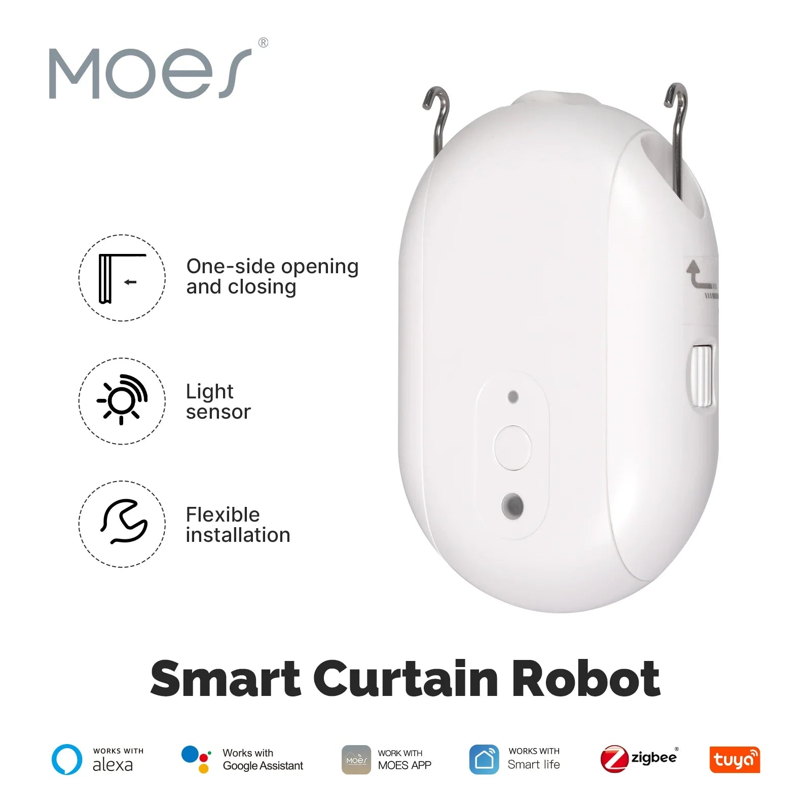 MOES Tuya ZigBee Smart Electric Curtain Robot Timing Auto Opener Closer Light Sensor App Remote Control Support Alexa GoogleHome