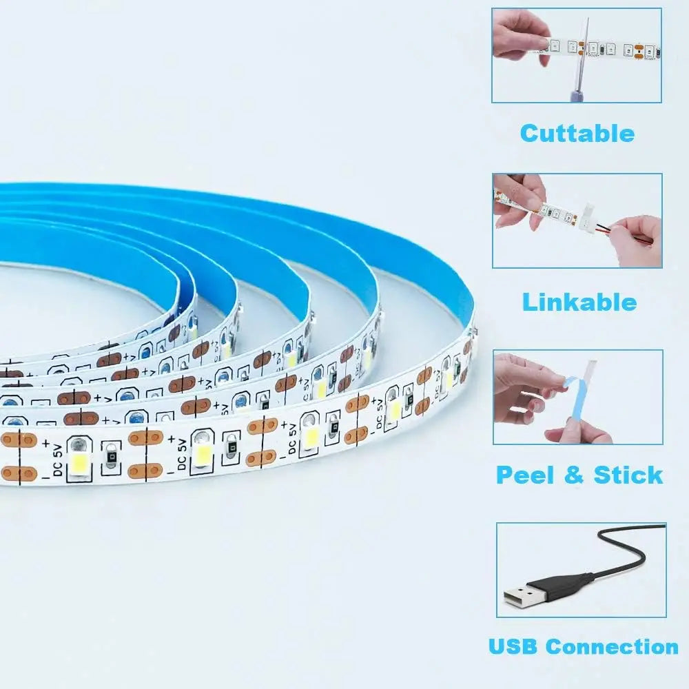 DC 5V USB LED Strip Lights - 2835 SMD Warm White/White, Flexible TV Backlighting, Home Decoration, DIY Lighting Tape