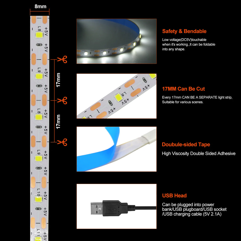 5V USB Led Strip Light SMD 2835 60Leds/m Flexible Ribbon Tape TV Background Lighting 1M 2M 3M 5M LED String Light Room Decor
