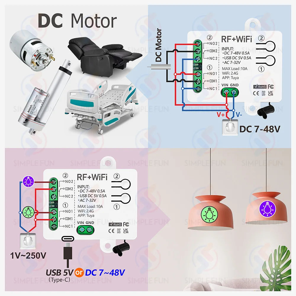 Tuya WiFi RF433mhz Motor Remote Control Switch 2 CH DC 12V 24V DIY Switch/Garage Door Opener/Motor,Work with Alexa Google Home