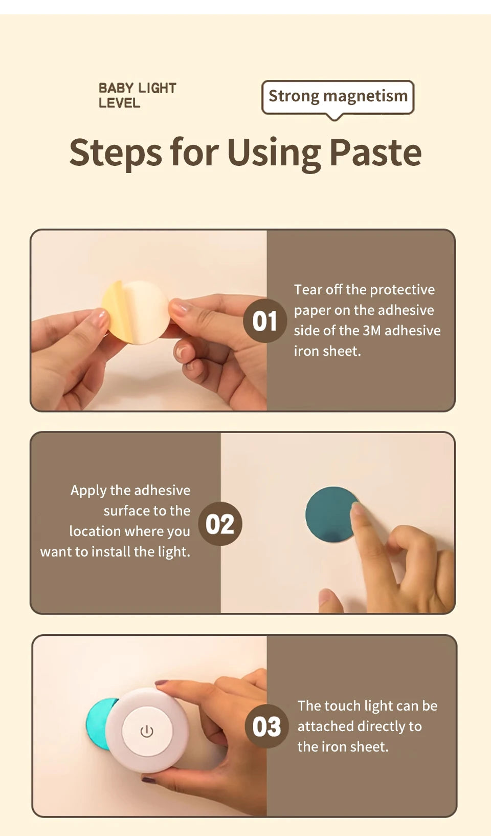 6CM Rechargeable Led Night Light with Touch Switch Wireless Wall Lamp Reading Book Light 3-Colors Dimmable for Bedroom Cabinet