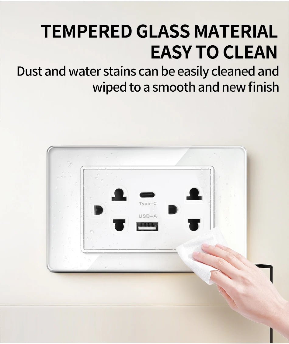 118*75mm TEMPERED GLASS SWITCH PANEL Wall Socket with USB Type - C, Grey US Switch, Thai Plug for Home & Office Use