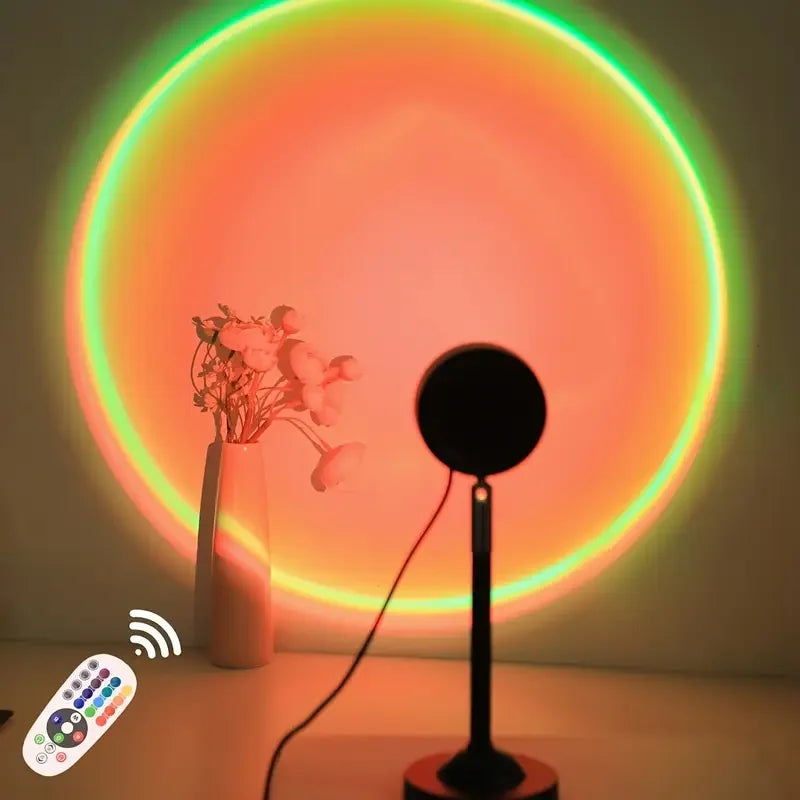 USB-powered sunset projection light, 16 color options, 360° rotating night light with remote control, perfect for bedroom, party