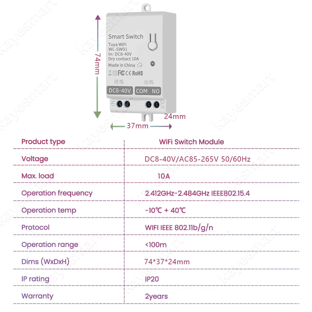 Tuya WiFi Smart Switch Module Dry Contact 10A Smart Home DIY Breaker Relay DC 8-40V AC 85-265V Works with Alexa Google Assistant