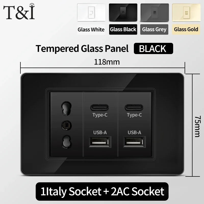 118 Series Black Tempered Glass Wall Switch Socket Italy Standard 16A Outlet with USB Type-C 20W Fast Charging for Home Office