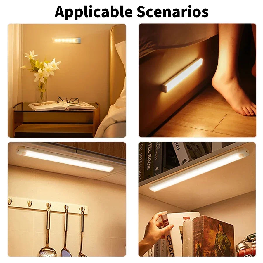 USB Rechargeable LED Motion Sensor Light Strip Magnetic No Drill Installation Under Cabinet Lighting for Closet Kitchen