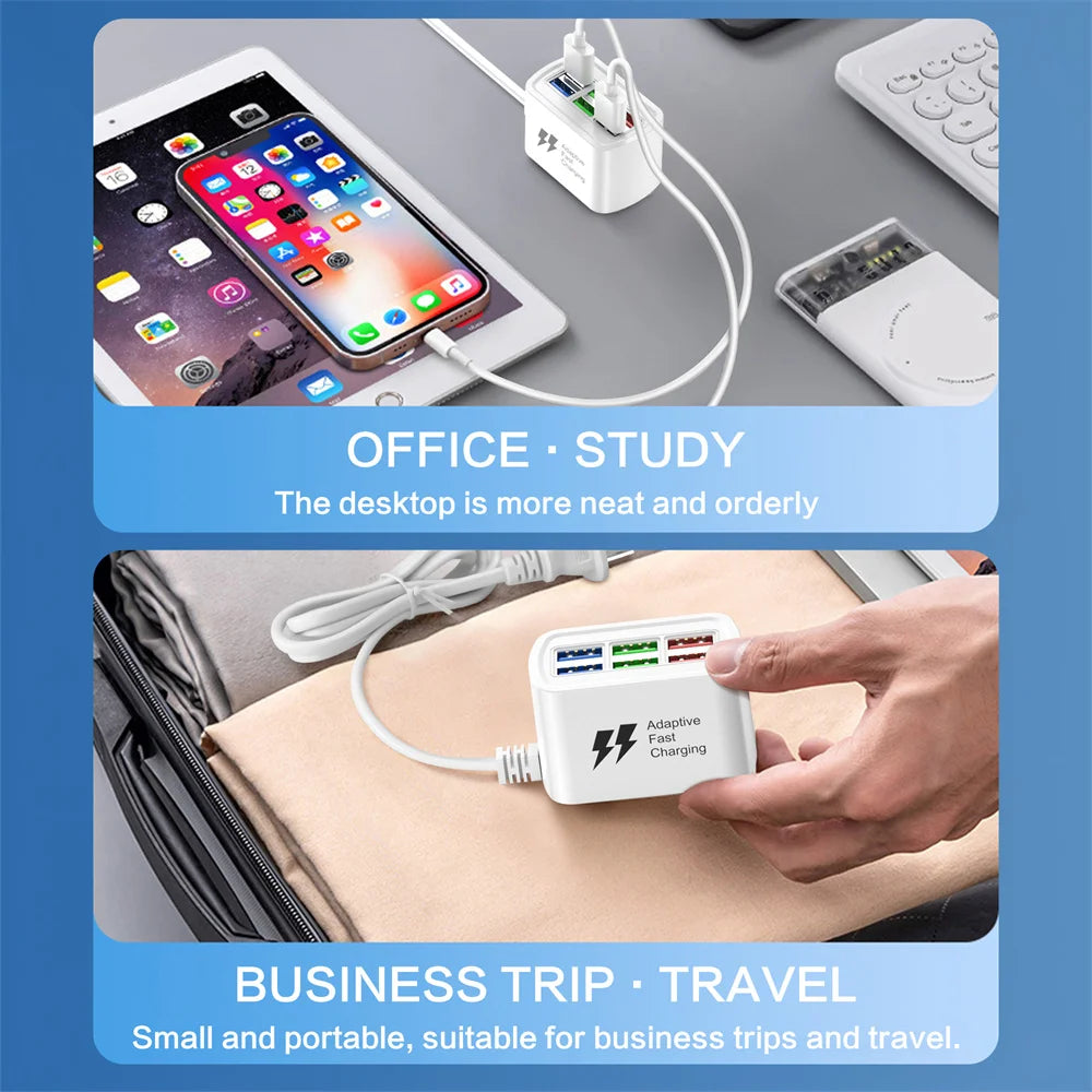 6 in 1 Fast USB Charger Power Strip Desktop Fast Charging Station with 1m Cord USB Hub Adapter Socket for iPhone Home EU US Plug