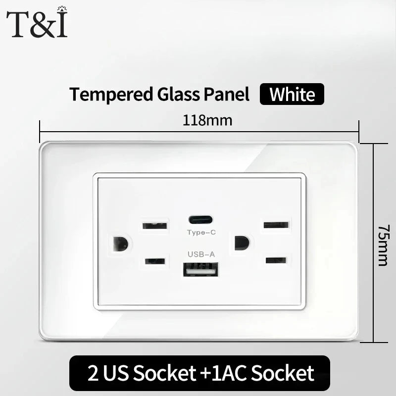 T&I 118*75mm Tempered Glass US Wall Socket White Thai USB Socket Plug with Dual USB Type-C Ports,Light Switch 110V