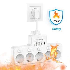 4000W 16A EU Multi-Contact Plug Power Plate Multi-Function Socket with 4 USB Fast Charging Ports 5 AC Power Jacks