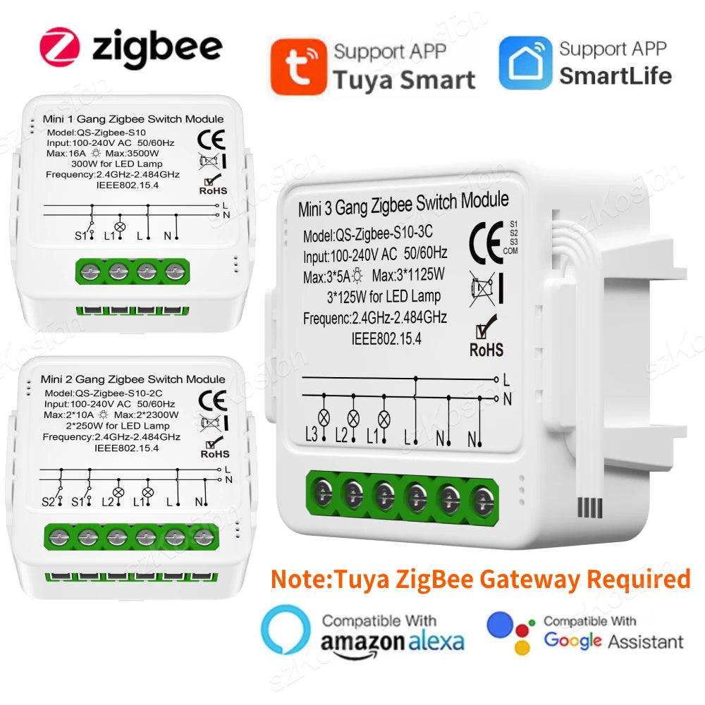 1/2/3 Gang Tuya ZigBee Smart Switch Module Need Neutral Wire Smart Life App Automation DIY Breaker Works with Alexa Google Home
