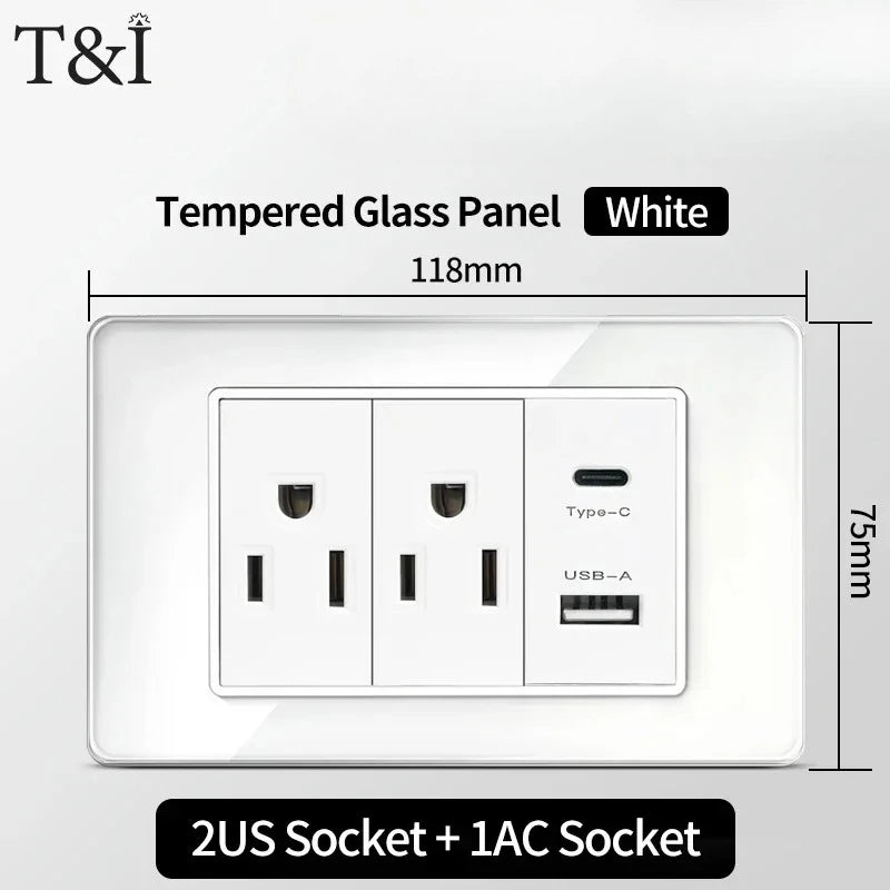 T&I 118*75mm Tempered Glass US Wall Socket White Thai USB Socket Plug with Dual USB Type-C Ports,Light Switch 110V