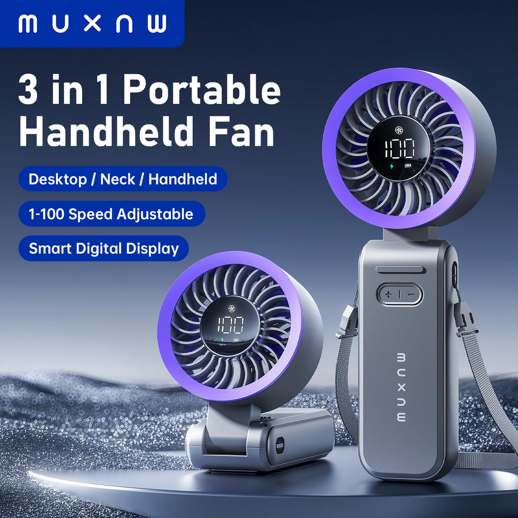 MUXNW 3 in 1 Portable Handheld Fan: Mini Personal Fan 3600mAh Rechargeable Foldable Turbo USB - Summer Beach Travel Cooling