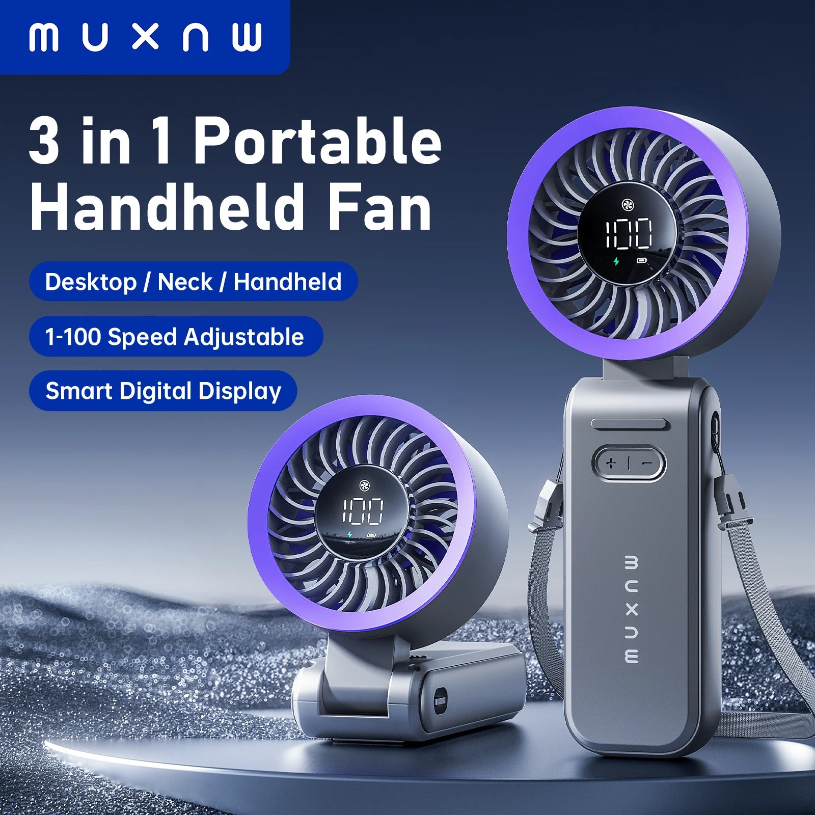 MUXNW 3 in 1 Portable Handheld Fan: Mini Personal Fan 3600mAh Rechargeable Foldable Turbo USB - Summer Beach Travel Cooling