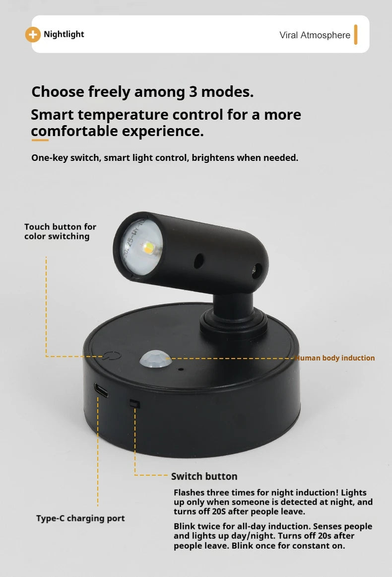 LED Light Magnetic Rechargeable Wall lamp Spotlight Atmosphere Light  No Punch Reading Light Touch Switch Dimmable Bedside Lamp