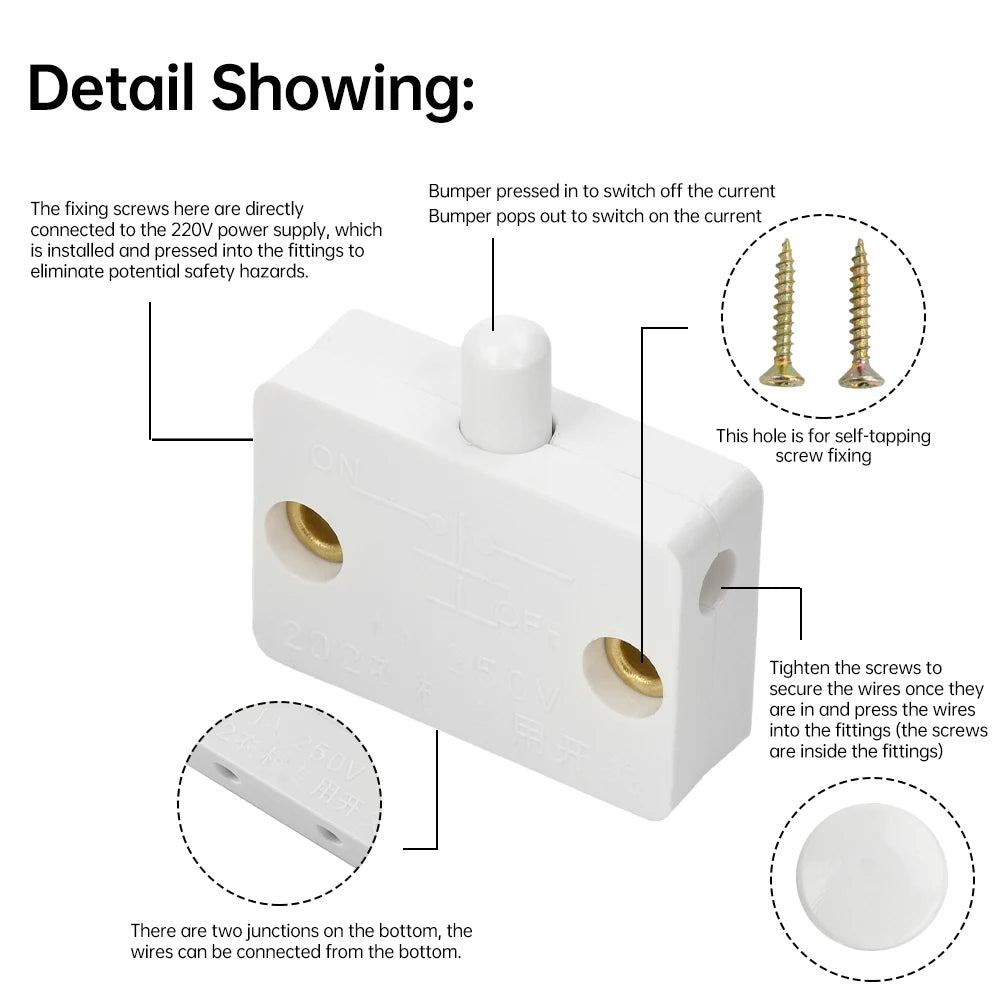 1/3PCS AC 250V Push Switches Door Switches Auto Switche Closet Light Switche Cabinet Door Switche Automatic Reset Push Switches