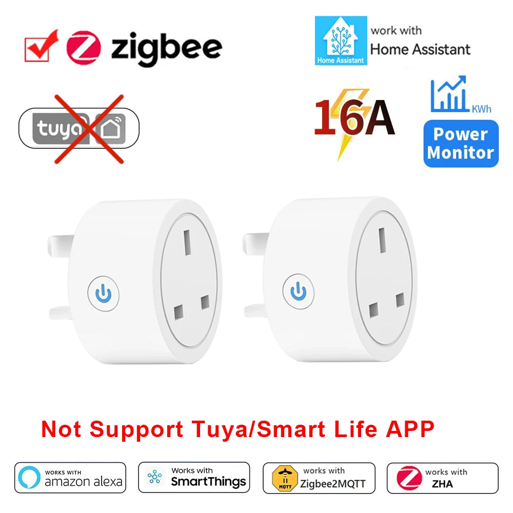 Home Assistant ZigBee Smart Plug 16A Smart Home Outlet UK Socket with Power Monitor Function APP Control Supports Alexa Z2M ZHA