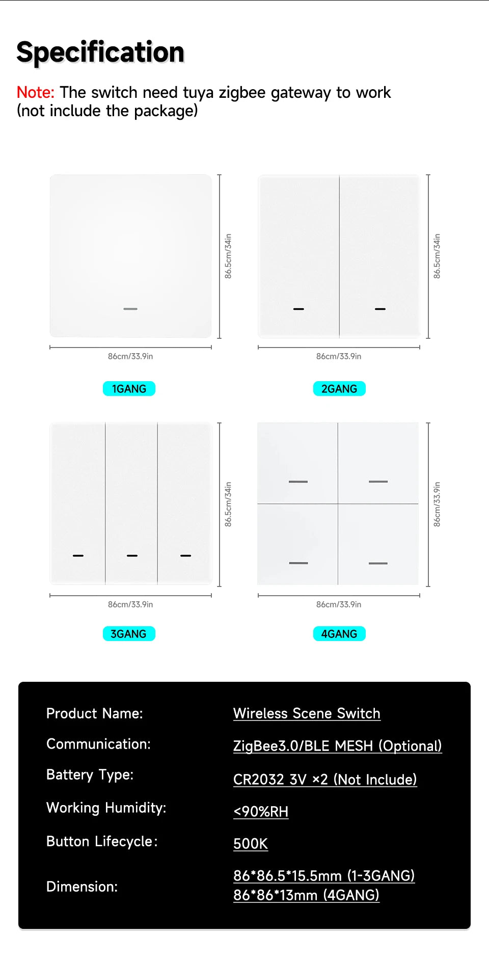 Tuya ZigBee 3.0 Smart Scene Switch Wireless Free Sticker Wall Scene Switch Push Button Battery Powered Transmitter Alexa
