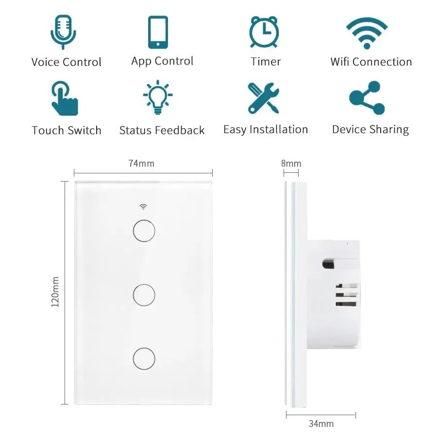Tuya WiFi Smart Home Light Switch RF433 Neutral Wire/No Neutral Wire Required US Wall Touch Switches Support Alexa Google Home