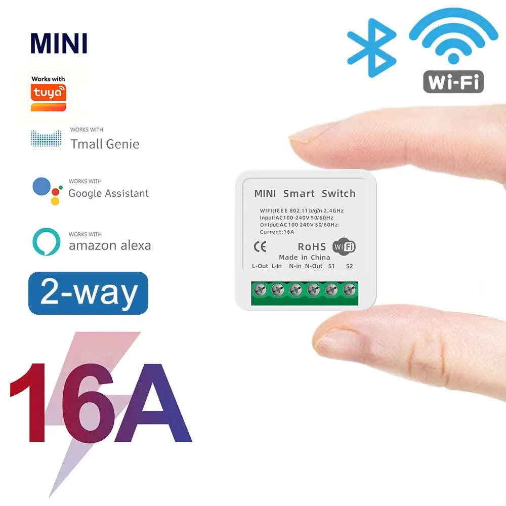 Work with Tuya Smart Life App Mini 16A WiFi Smart Switch, 2-Way Control Module for Smart Home Automation, Compatible with Alexa
