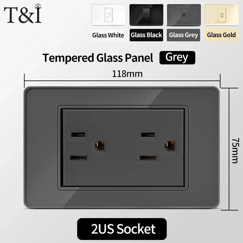 US MexicoSeries Tempered Glass Panel Plate Power Wall Socket USB Type-C Outlet Light Switch 2Way Control Home Office 110V