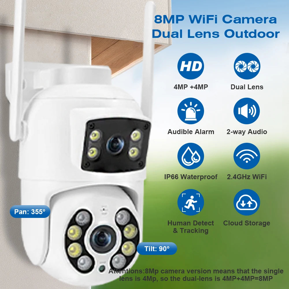 4K 8MP Dual Lens Dual Screens PTZ Wifi Camera with AI Human Detection Wireless Outdoor CCTV Security IP Camera Ziicam