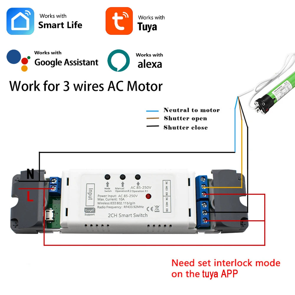 Tuya Wifi Smart Switch Electric Linear Actuator Motor Controller,DC AC 12V 24V 32V,110V 220V RF433 Remote,2CH Pulse Module Relay