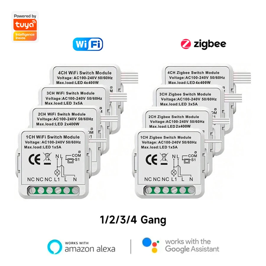 Tuya WiFi/ZigBee Mini Smart Switch 1/2/3/4 Gang Support 2-way Voice Control via Smart Life APP Alexa Google Assistant