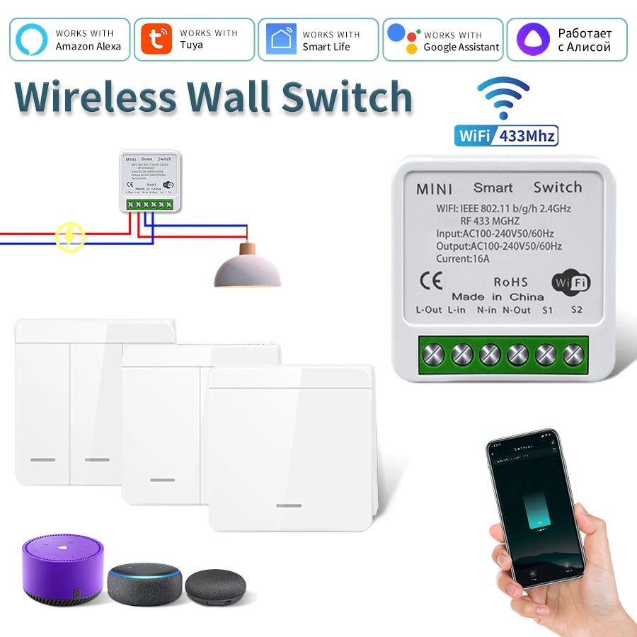 Tuya Smart WiFi Switch For LED Lighting 1/2/3 Gang RF433MHz Wireless Panel Switch Smart Life APP Alexa Google Home Voice Control