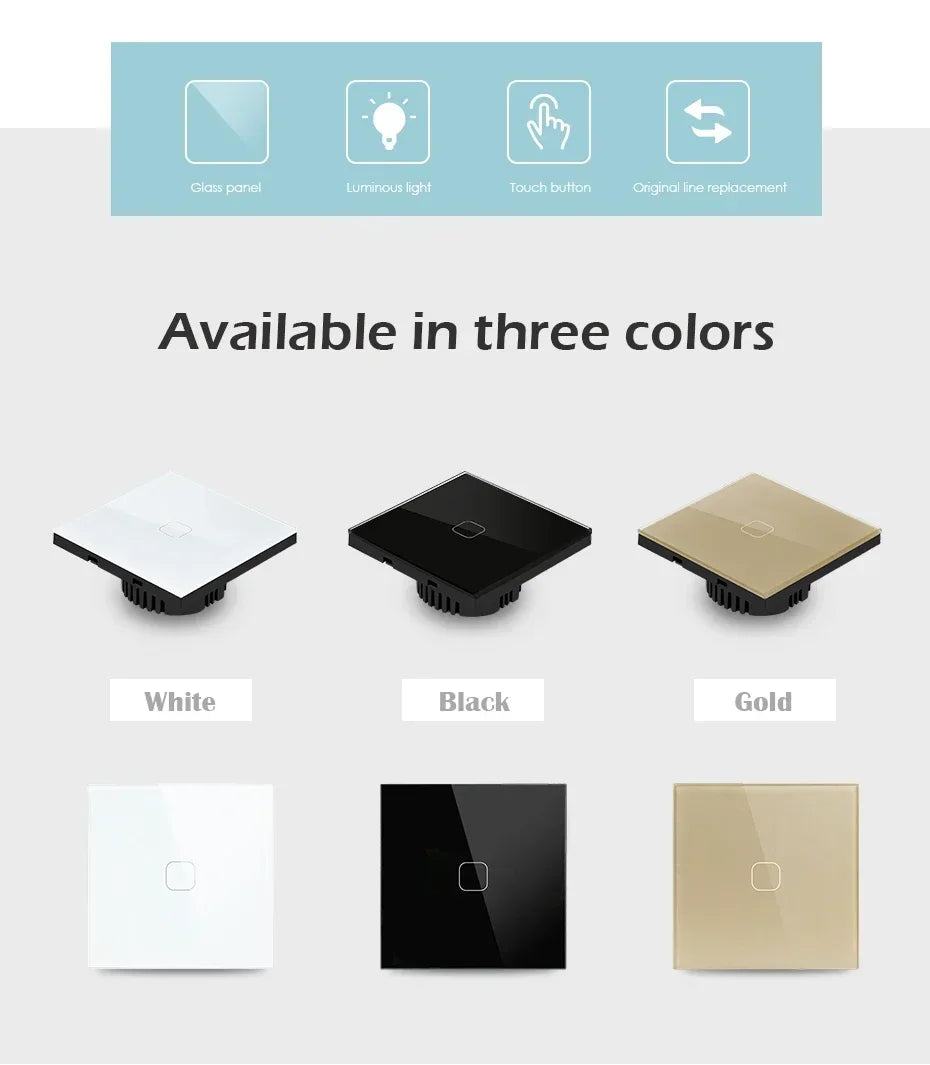 Touch Switch EU/UK Standard White Crystal Glass Panel Touch Switch, AC220V,1 Gang 1 Way, EU Light Wall Touch Screen Switch
