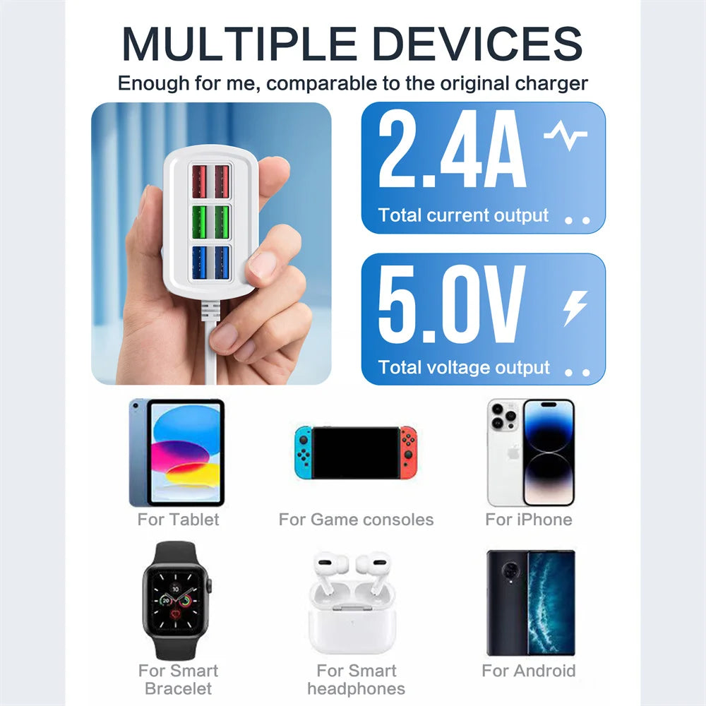 6 in 1 Fast USB Charger Power Strip Desktop Fast Charging Station with 1m Cord USB Hub Adapter Socket for iPhone Home EU US Plug