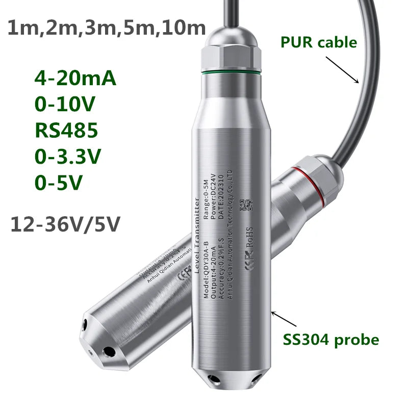 1m 2m 3m 5m Submersible Water Level Sensor 4-20mA Tank Well Pool 0-10V RS485 Level Sensor Transmitter