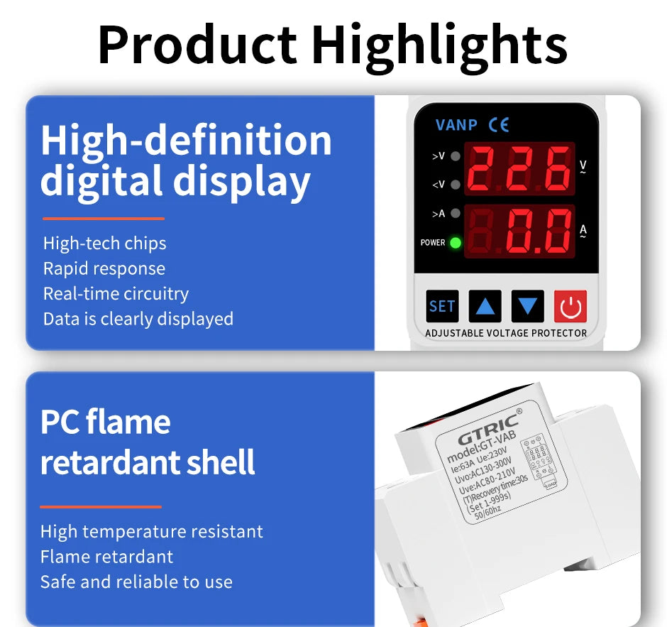 GTRIC Over Under Voltage Protector Adjustable Over Voltage 63A 220VAC Din Rail Under Voltage Protection Device Protector Relay