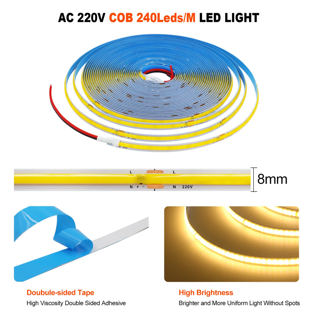 220V COB LED Strip Light 5M 10M 15M 20M Flexible Tape No Need Driver High Brightness 240LEDs RA90 Red Blue White Linear Lighting