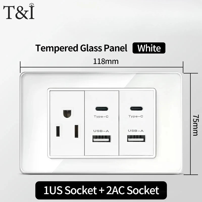 T&I 118*75mm Tempered Glass US Wall Socket White Thai USB Socket Plug with Dual USB Type-C Ports,Light Switch 110V