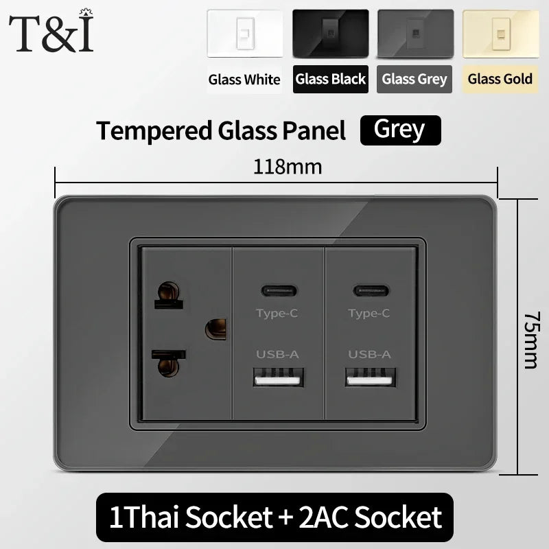 US MexicoSeries Tempered Glass Panel Plate Power Wall Socket USB Type-C Outlet Light Switch 2Way Control Home Office 110V