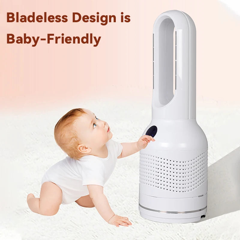 Smart 3-in-1 Air Purifier Bladeless Tower Pedestal Fan with Electric Heater and Leafless Standing Feature for Household Use