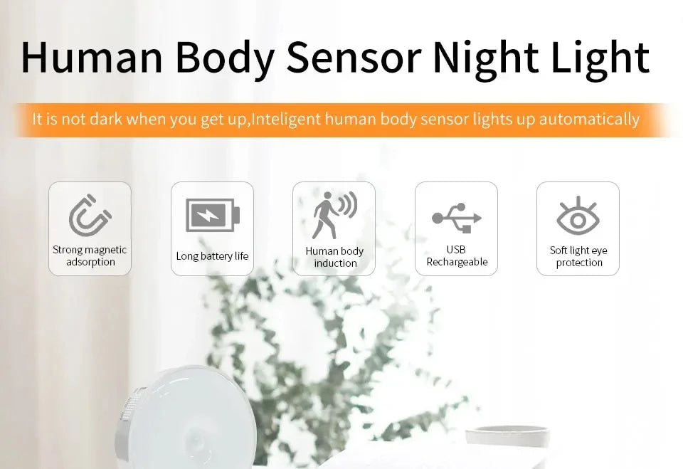 PIR Motion Sensor LED Night Light USB Rechargeable Bedroom Night Lamp Kitchen Cabinet Wardrobe Lamp Stairs Hallway Closet Lights