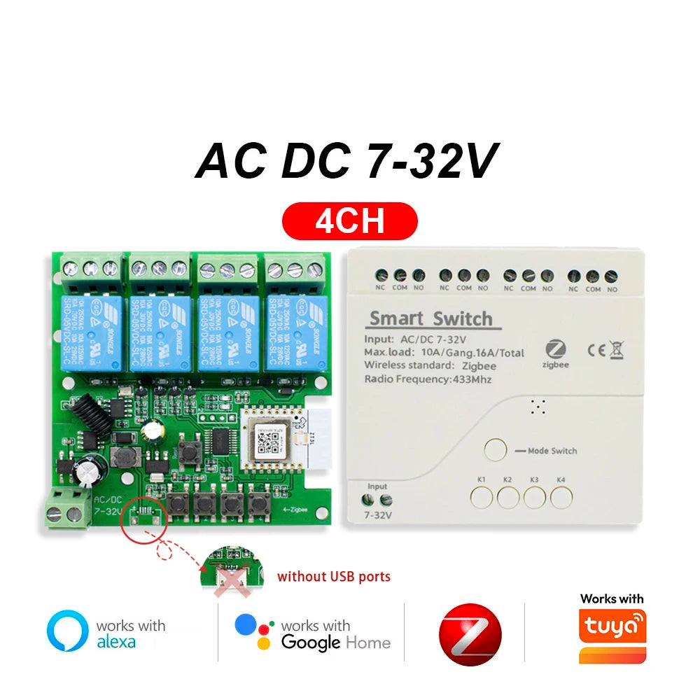 Zigbee 1 2 4 Gang Switch Relay Module Dc 12v 24v 220v Dry Contact 4CH Din Rail Controller Works with Tuya Alexa Gateway Required
