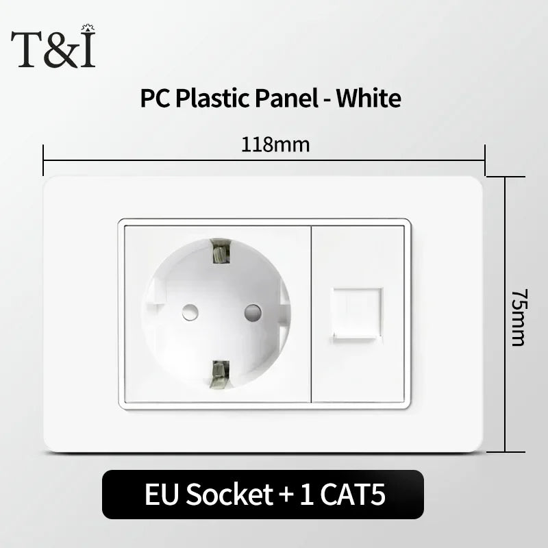 118 PC Plastic Panel Socket USB Type-C 20W Fast Charging Italy Chile Smart Wall Outlet Plug White Light Switch Home Office