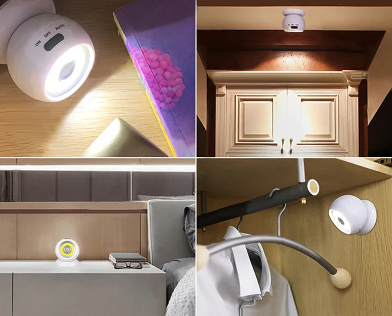 360° Rotating COB Ball Light PIR Motion Sensor LED Night Light USB/Battery Powered Magnet Wall Lamp for Bedroom Bathroom Kitchen
