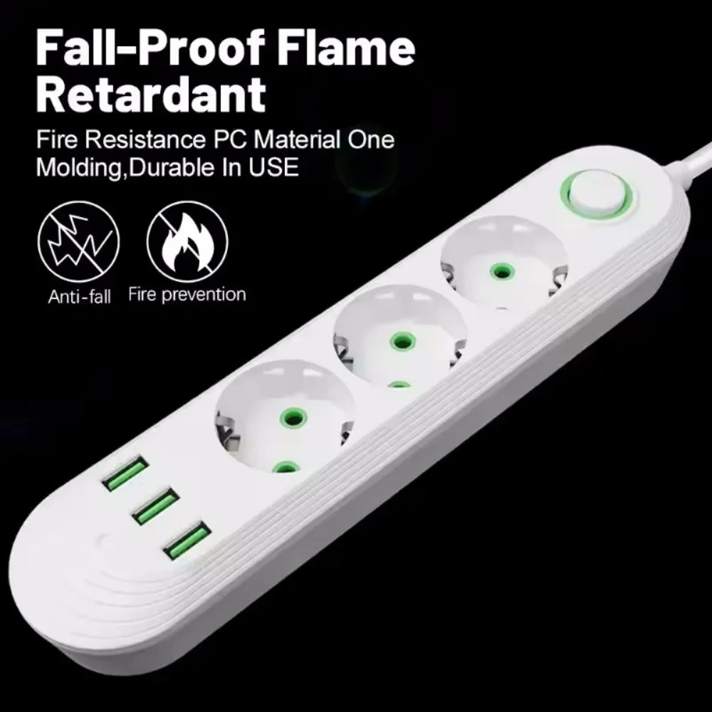 2M Cable EU Plug Power Strip with 3 USB Socket Network Filter Round Pin AC Outlet Ports Extension Cord Electrical Charge Adapter